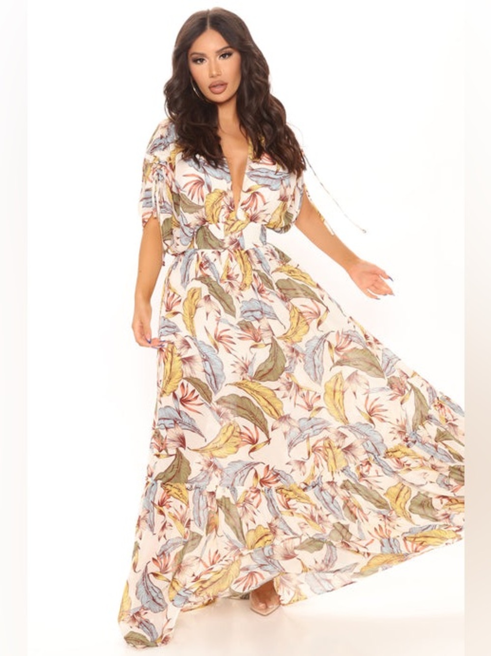 Fashion nova floral  Print V-Neck Women's dress in Cream with Multicolor Leaves